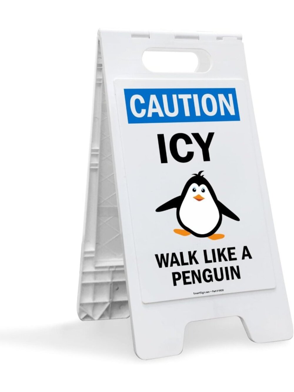 Caution ICY Walk Like A Penguin Folding Floor Sign - Two-Sided Plastic Safety